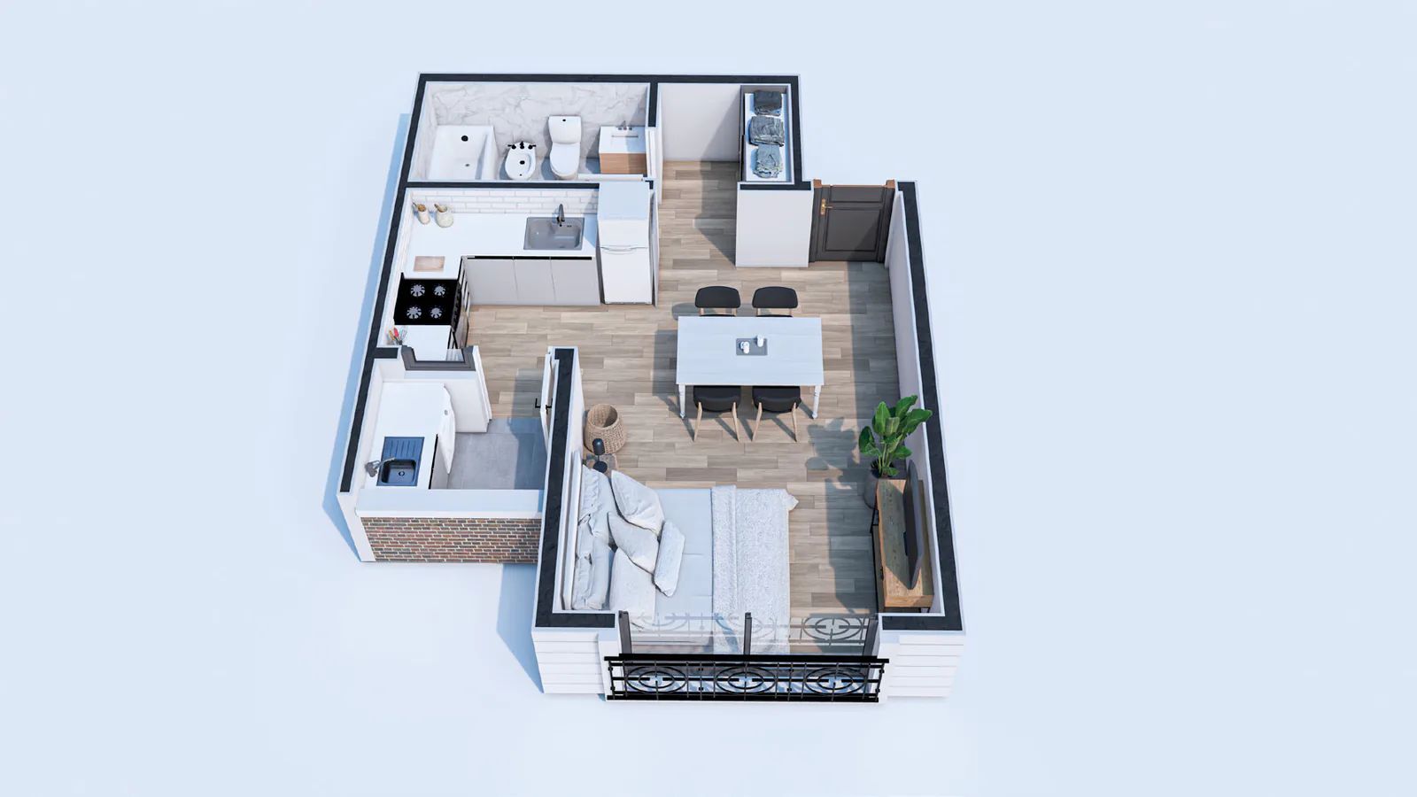Planta 3D amueblada del monoambiente de las torres Norte y Sur: un solo ambiente con cama, mesa para cuatro y cocina, baño completo, tender y balcón francés al frente