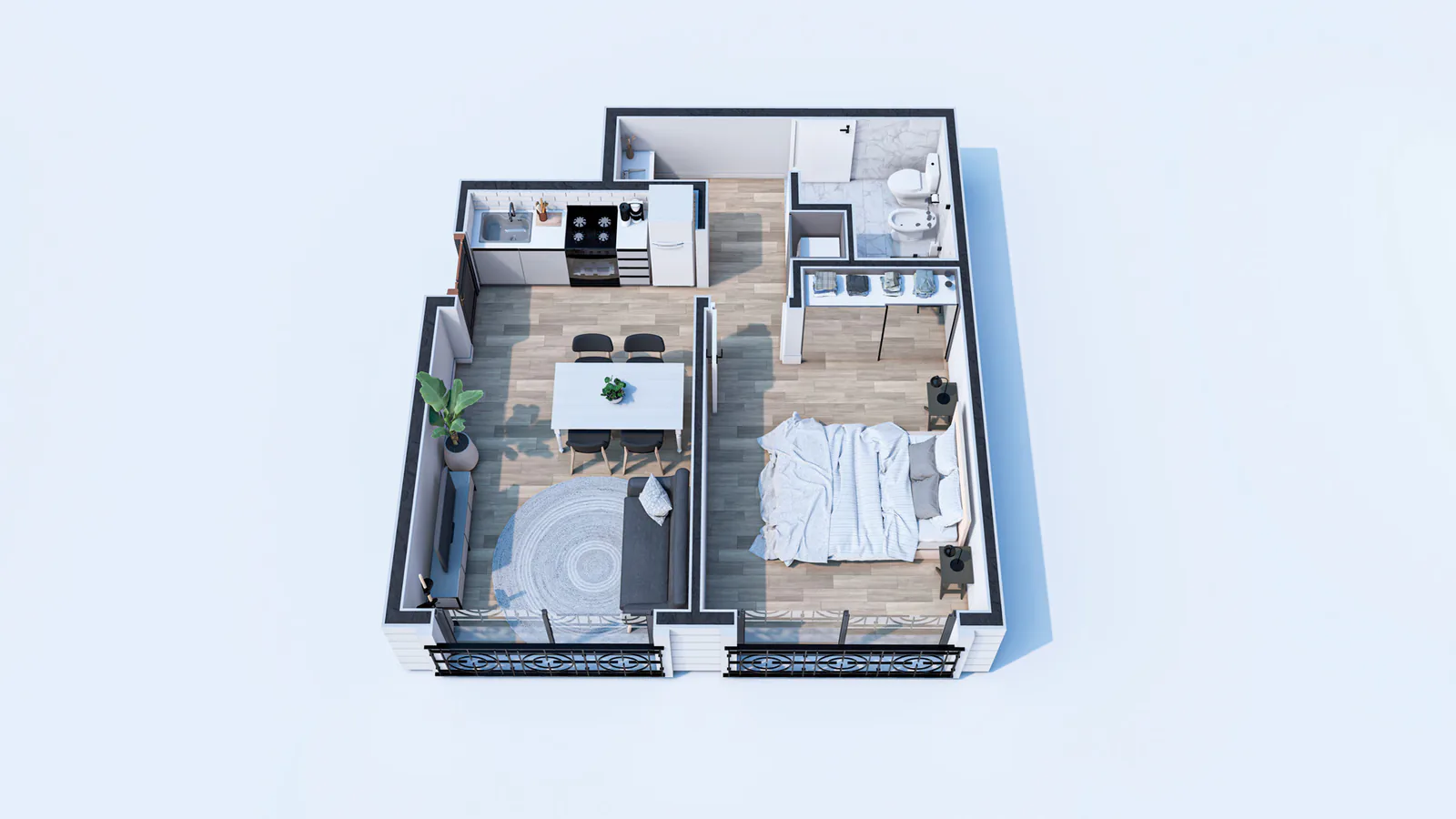 Planta 3D amueblada del departamento de un dormitorio de las torres Norte y Sur: dormitorio con placard, baño completo, cocina en línea abierta al living-comedor y balcones franceses al frente