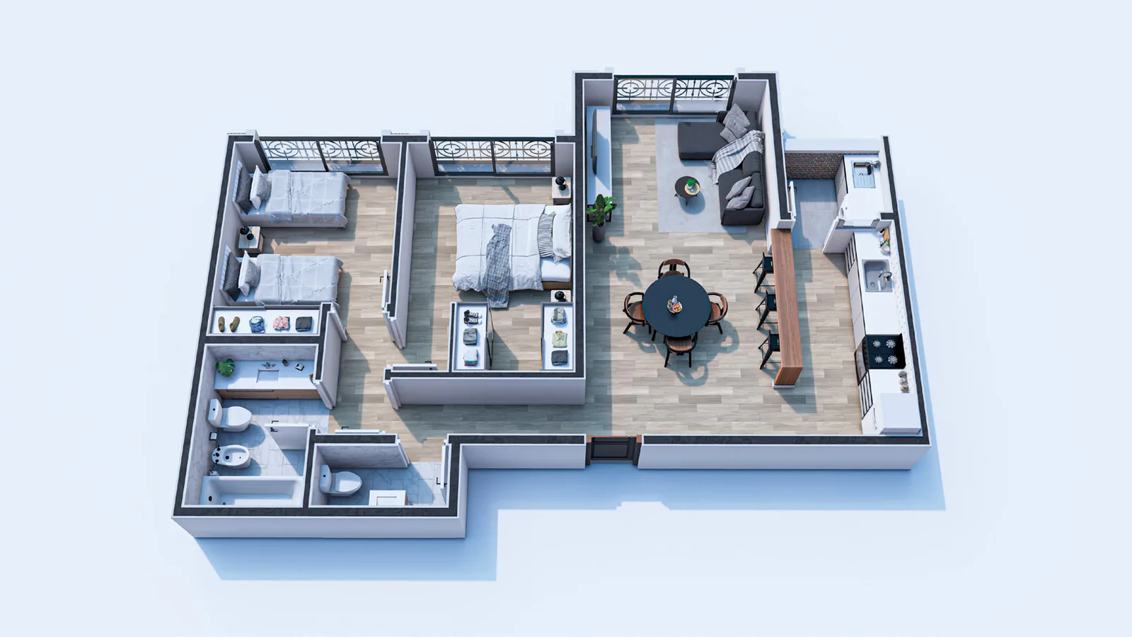 Planta 3D amueblada del departamento de dos dormitorios de las torres Norte y Sur: dormitorio principal con cama doble, dormitorio con dos camas, baño completo, toilette, cocina en línea y living-comedor con mesa redonda