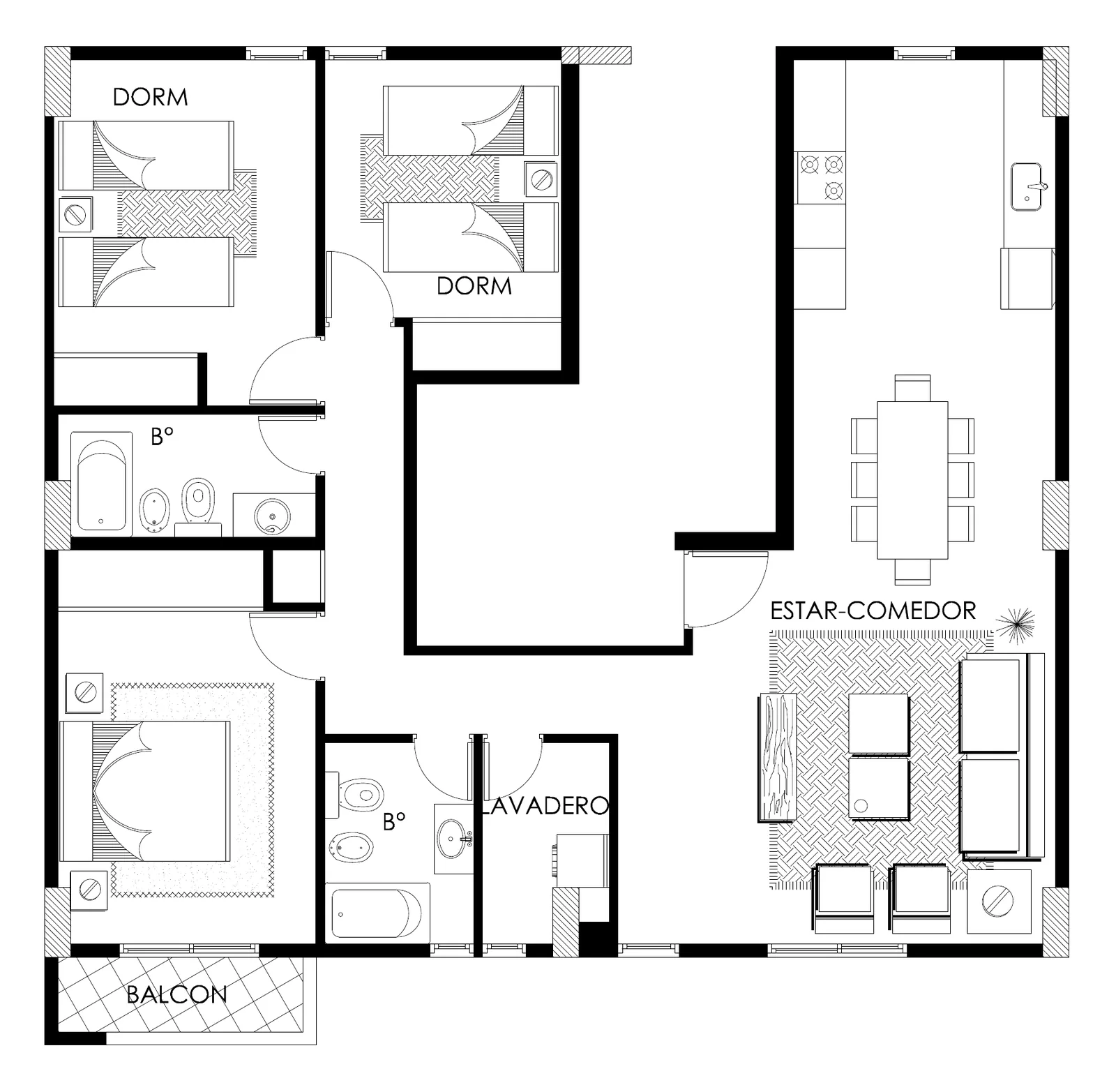 Planta de la unidad A de tres dormitorios: tres dormitorios, dos baños, lavadero, cocina integrada al estar-comedor y balcón junto al dormitorio principal