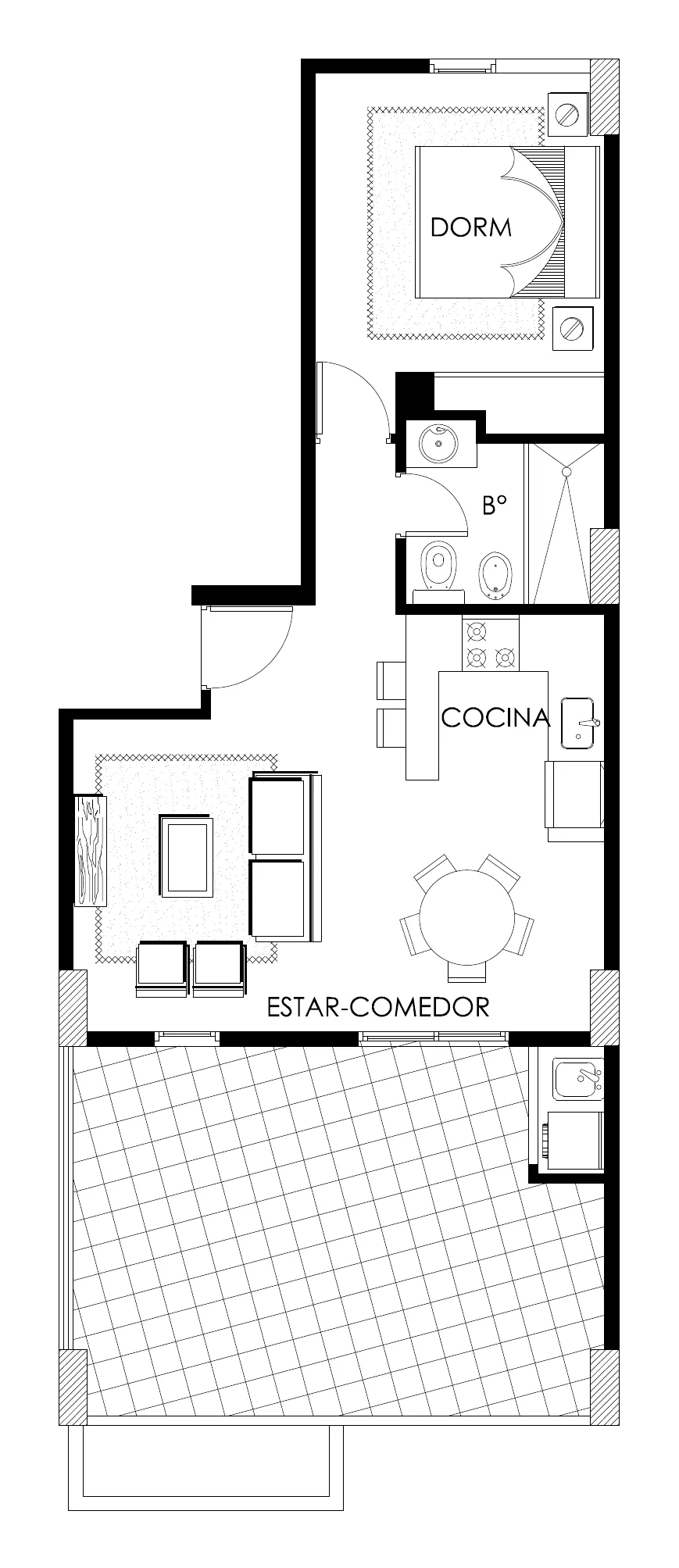 Planta de la unidad A del quinto piso: dormitorio, baño, cocina y estar-comedor, con un balcón grande rayado en el plano