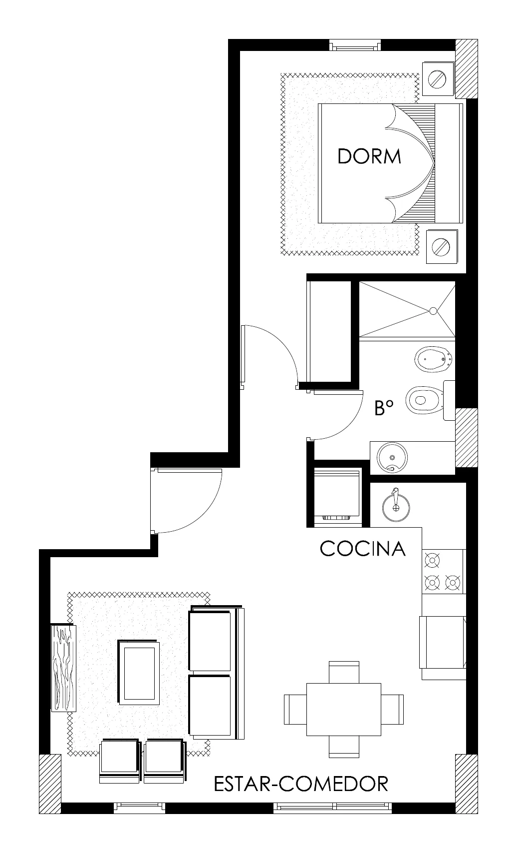 Planta de la unidad A del sexto piso: dormitorio, baño, cocina y estar-comedor, sin balcón dibujado