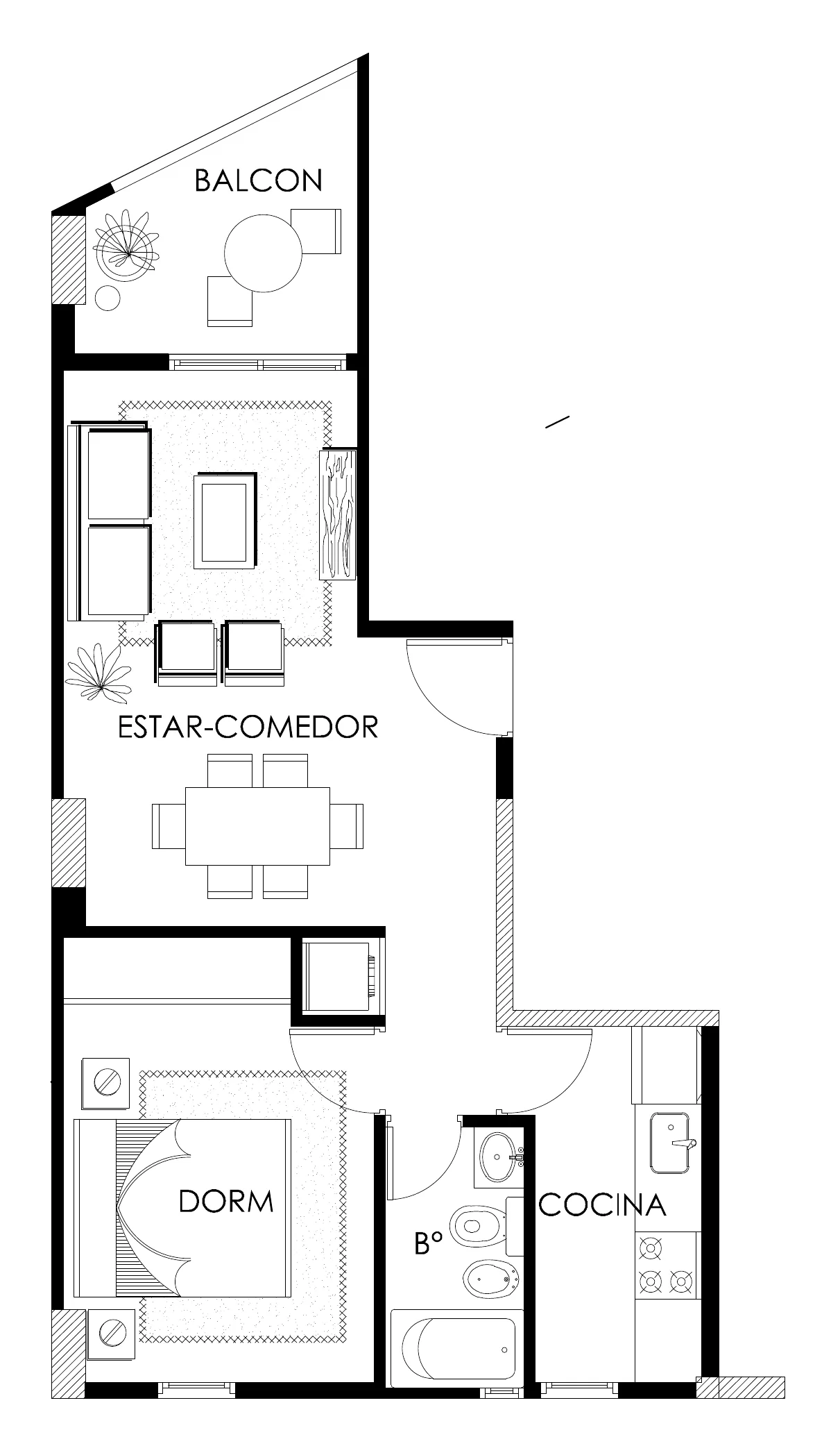 Planta de la unidad D de la Torre 2: dormitorio, baño, cocina, estar-comedor y balcón