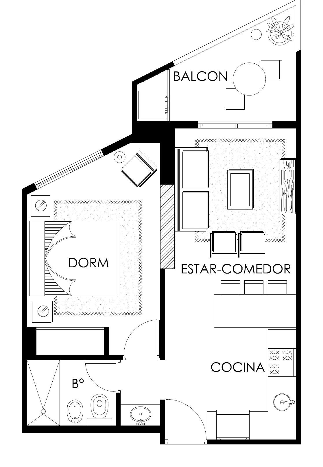 Planta de la unidad E de la Torre 2: dormitorio, baño, cocina, estar-comedor y balcón