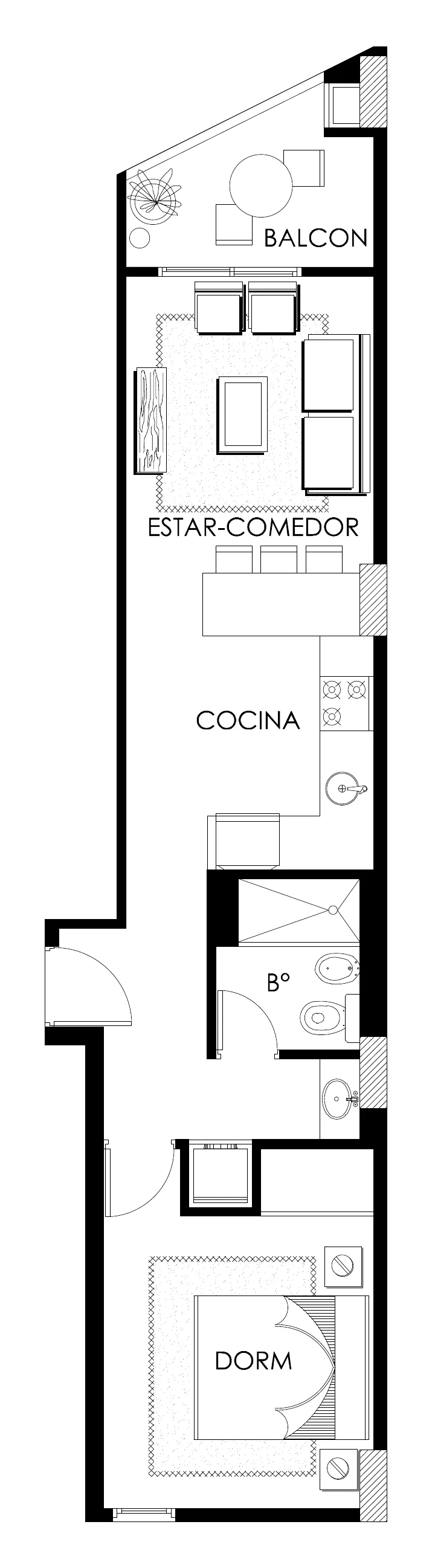 Planta de la unidad F de la Torre 2: dormitorio, baño, cocina, estar-comedor y balcón