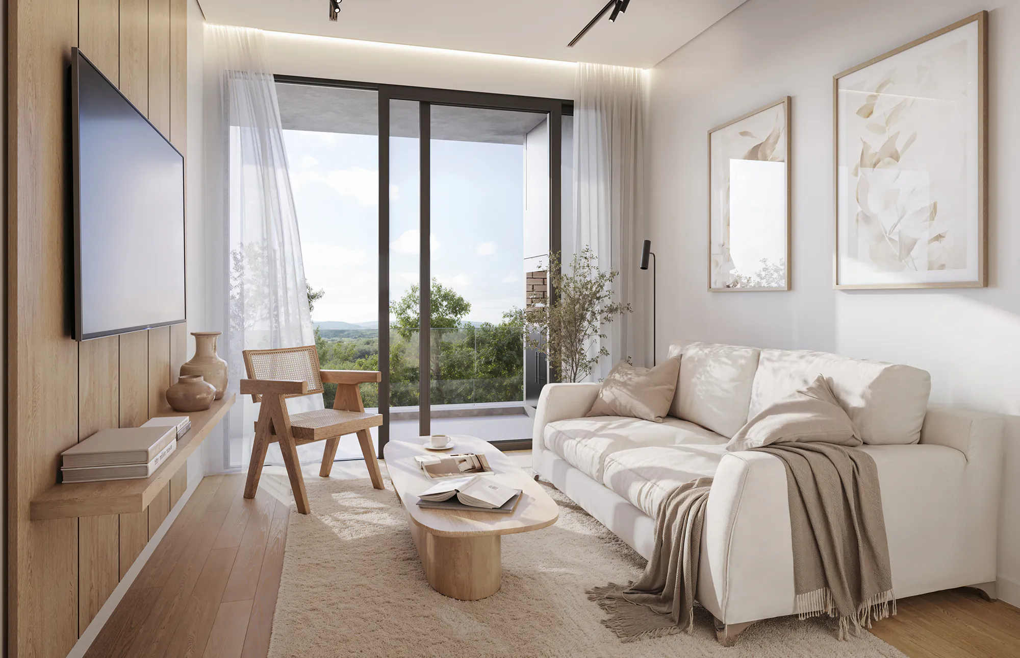 Living de un apartamento con sillón blanco, mesa baja de madera, revestimiento de listones en la pared del televisor y un ventanal al balcón con árboles.