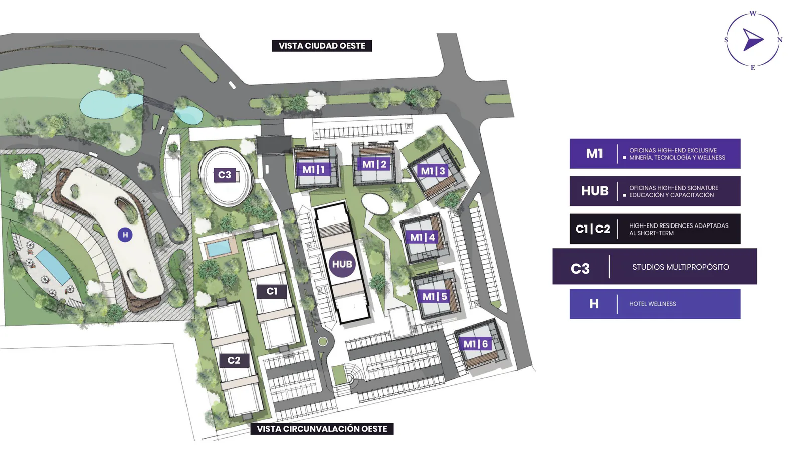 Masterplan del conjunto: seis módulos de oficinas, un bloque central, dos bloques de residencias, el edificio circular de studios y, a la izquierda, el hotel con pileta, con sus referencias a la derecha.